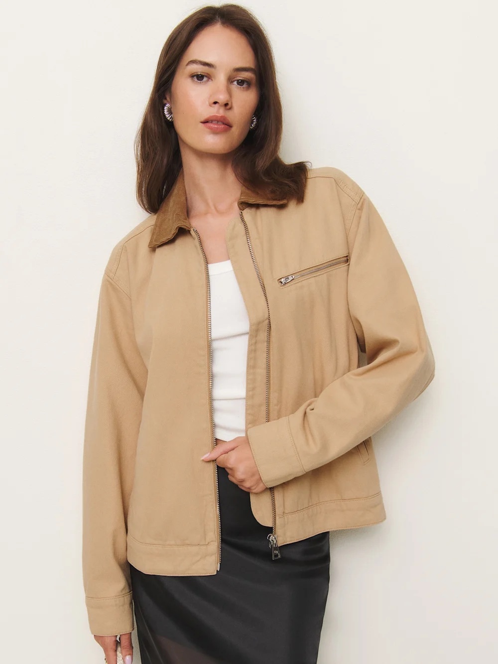 Reformation Tan Zip-Front Utility Jacket with Contrast Collar - NWT